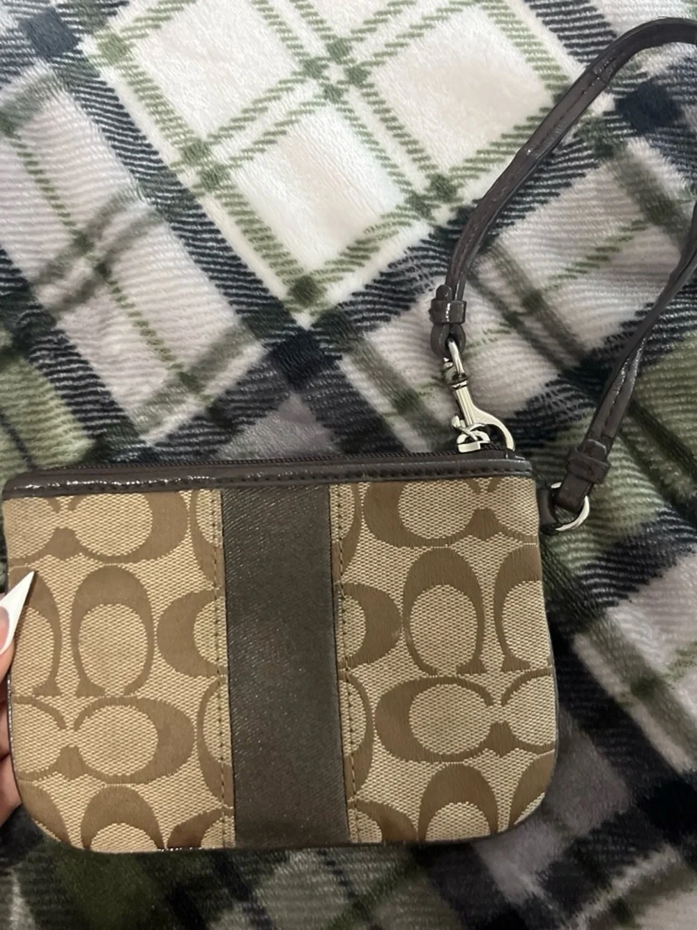 Coach Brown Signature Canvas Wristlet with Dark Brown Stripe